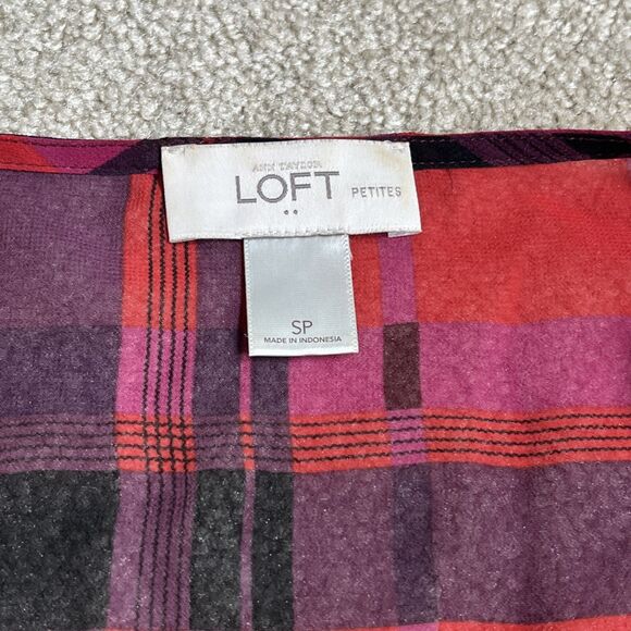Ann Taylor LOFT Red Plaid Sheer V-Neck Blouse‎ Faux Wrap Sz SP Petite S - Picture 2 of 6